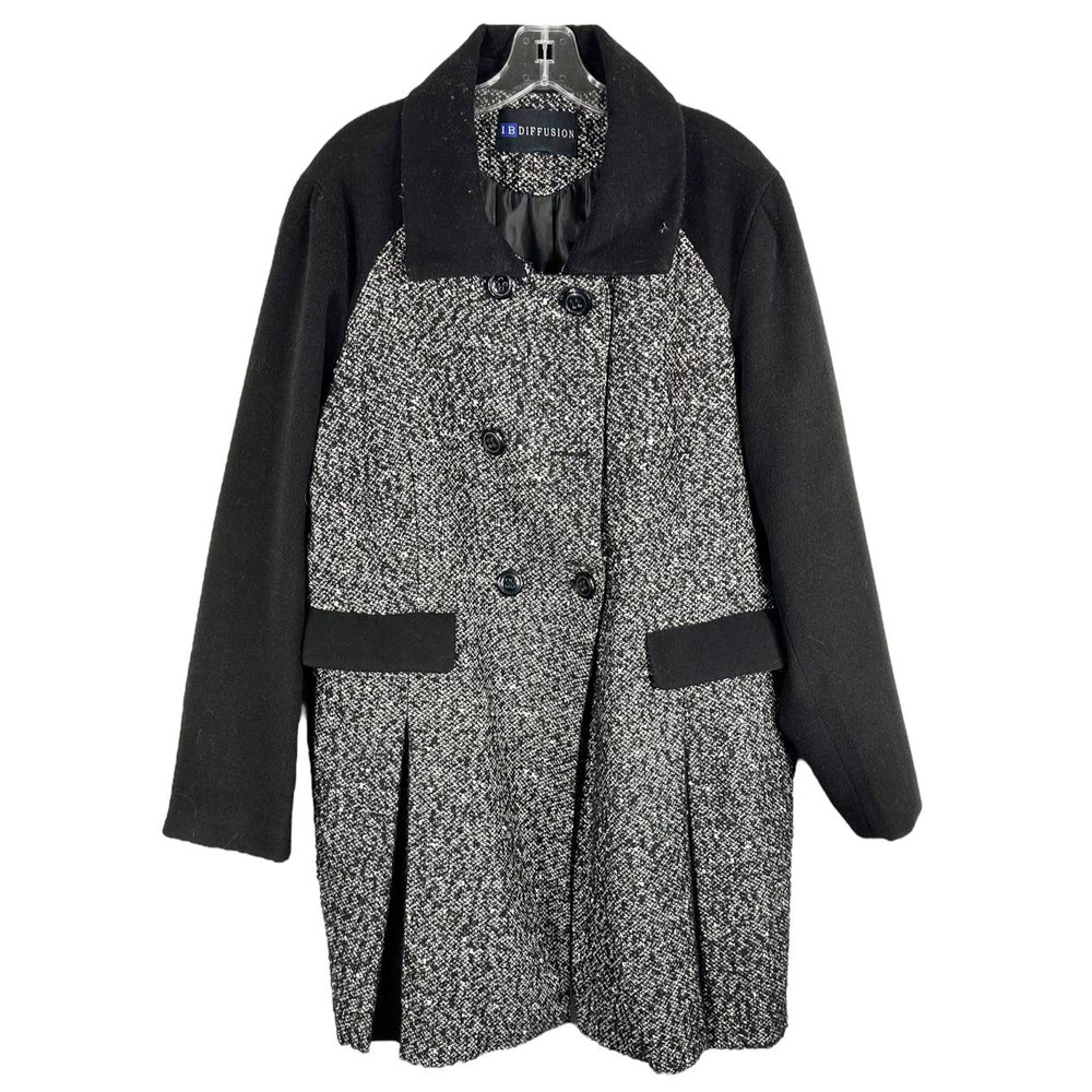 VTG IB Diffusion Coat Womens Size Large Gray‎ White Black Midi Lined Pea B